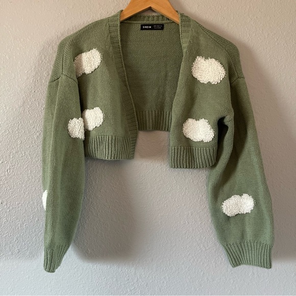 SHEIN Green White Cloud Knit Cropped Open Cardigan Sweater Women's Size Medium - Picture 1 of 6